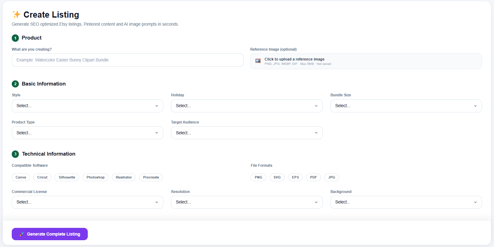 ListForge's Create Listing screen, with product details and a Generate Complete Listing button