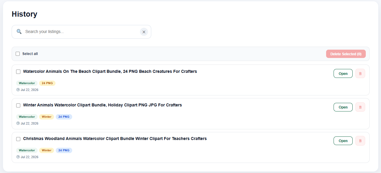 ListForge's History screen, showing past generated listings with search and bulk selection