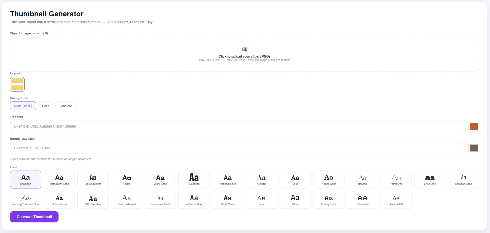 ListForge's Thumbnail Generator screen, with clipart upload, layout, font, and color options